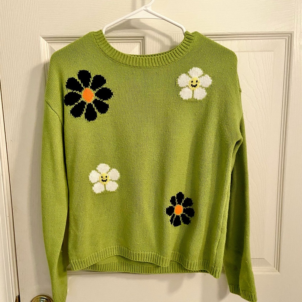 Lime Green Flower Knit Sweater